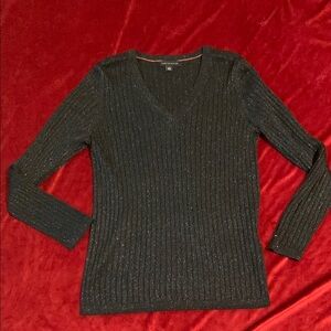 Tommy Hilfiger Navy Blue Metallic Lurex Ribbed V Neck Sweater Size Large